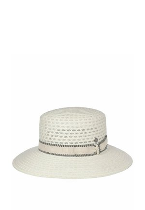 Light beige woven sun hat with a wide brim and a beige ribbon band featuring black diagonal stripes and a small round metal emblem.