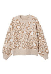 Beżowy sweter o puszystej, miękkiej fakturze, z brązowym wzorem w panterkę i okrągłym dekoltem. Długie rękawy z ściągaczami.