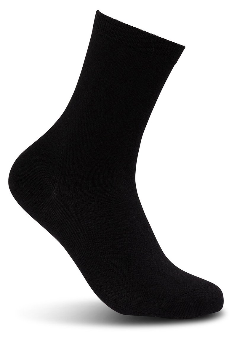 Calzino nero realizzato in materiale liscio e stretchy. Presenta una punta arrotondata e un bordo a coste. Design semplice, senza motivi o decorazioni.
