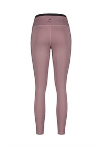 Leggings in morbido tessuto malva con un motivo testurizzato, alta vita nera e design a lunghezza completa. Adatti per uso sportivo.