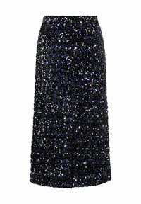 Jupe midi noire densément couverte de sequins brillants bleu foncé et argentés, créant une surface texturée scintillante.