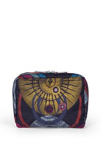 Obdélníková taška se zipem, která má barevný abstraktní design v zlaté, modré, červené a černé s kruhovými a slunečními vzory.