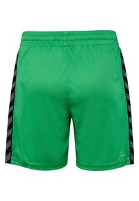 Grønne atletikshorts lavet af let og glat materiale. Har sorte sidepaneler med ternet mønster og elastisk taljebånd.
