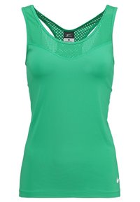 Débardeur de sport sans manches vert vif avec panneau supérieur en maille et dos nageur, arborant un petit logo Nike blanc près de l'ourlet.