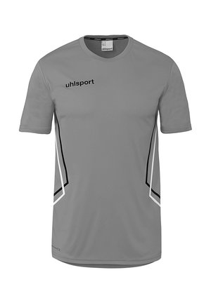 Graues Sportshirt mit kurzen Ärmeln, schwarzen und weißen Seitenstreifen und „uhlsport“ Logo auf der Brust.