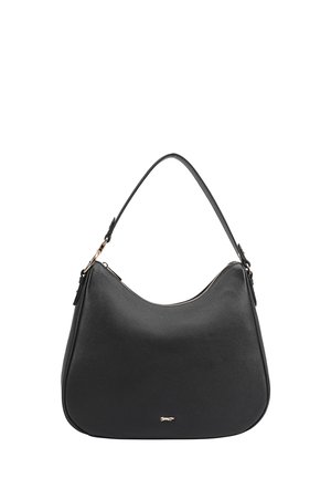 Zwarte lederen schoudertas met een gebogen silhouet, gouden ritsen en een afneembare strap voor veelzijdigheid. Glad textuur met een klein logo.