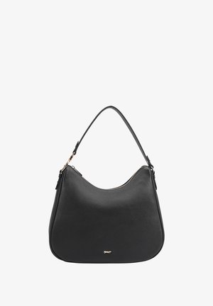 Zwarte lederen schoudertas met een gebogen silhouet, gouden ritsen en een afneembare strap voor veelzijdigheid. Glad textuur met een klein logo.