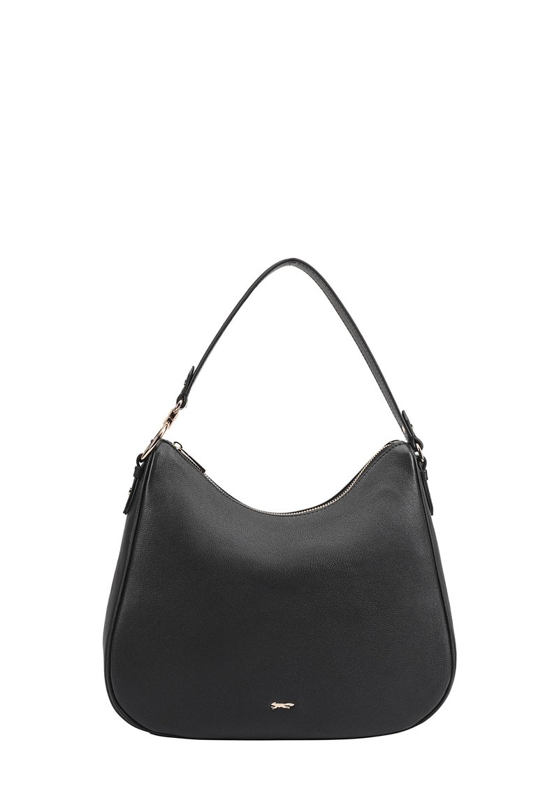 Sac à bandoulière en cuir noir avec une silhouette courbe, des zips dorés et une bandoulière amovible pour plus de polyvalence. Texture lisse avec un petit logo.