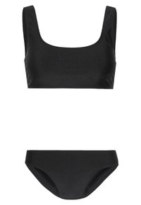 Svart bikini-sett med en bh-top med firkantet hals og brede stropper, samt matchende lavtsittende truser, laget av glatt, elastisk stoff.