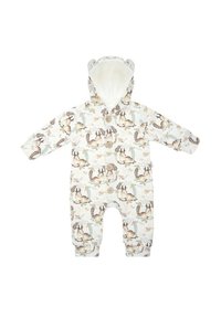 Dziecięcy kombinezon z polaru z białym tłem i nadrukiem zwierząt leśnych. Posiada kaptur, zapięcie na guziki oraz ściągacze przy rękawach.