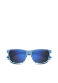 Occhiali da sole in plastica blu con lenti specchiate blu scuro, design a montatura quadrata, finitura testurizzata sottile sulle aste e dettaglio del logo su un'asta.