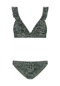 Žalia leopardų rašto bikini komplektas su gilia V formos dekoltė viršumi, turinčiu volanų ant petnešėlių, ir koordinuojančiomis žemomis kelnaitėmis.