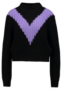 Schwarzer, kurz geschnittener Strickpullover mit einem violetten, V-förmigen Muster über der Brust, langen Ärmeln und hohem Kragen.