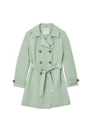 Hellgrüner Trenchcoat mit doppeltknöpfbarem Verschluss, tailliertem Gürtel und verstellbaren Manschetten. Glattes Gewebe mit subtiler Schattierung.