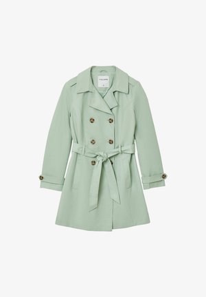 Hellgrüner Trenchcoat mit doppeltknöpfbarem Verschluss, tailliertem Gürtel und verstellbaren Manschetten. Glattes Gewebe mit subtiler Schattierung.