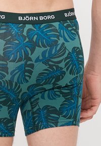 Grüne Boxershorts mit einem blauen tropischen Blättermuster, ausgestattet mit einem schwarzen Bund, auf dem "BJÖRN BORG" in Weiß gedruckt ist. Elastisches Material.