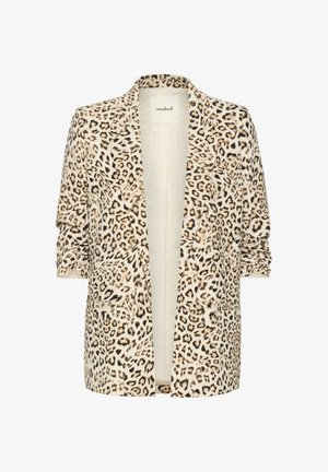 Blazer imprimé léopard en beige et noir, avec un col cranté, une ouverture devant et deux poches avant. Tissu doux avec une coupe décontractée.
