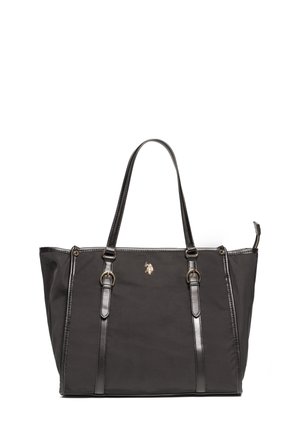 Borsa tote nera in tessuto con dettagli in pelle sintetica, dotata di due manici, chiusura con zip e un piccolo logo sul davanti.