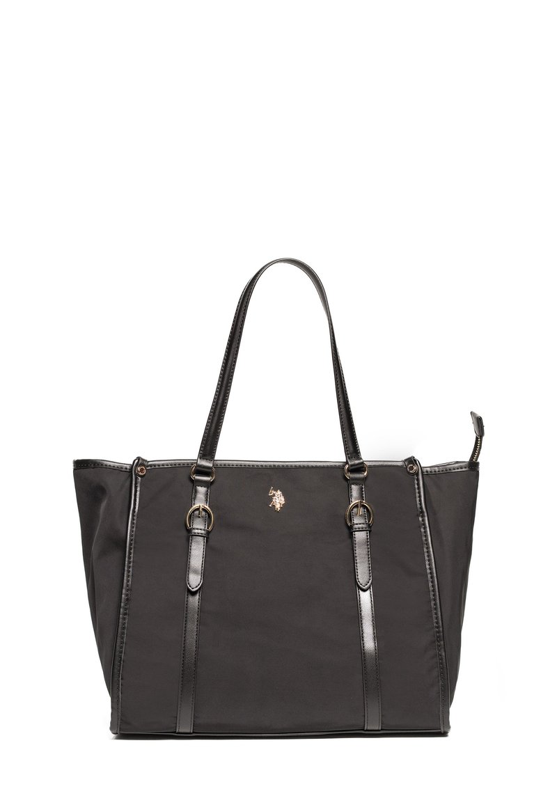 Czarna torba na ramię wykonana z tkaniny z akcentami z syntetycznej skóry, z dwiema rączkami, zamknięciem na zamek błyskawiczny oraz małym detalem logo z przodu.