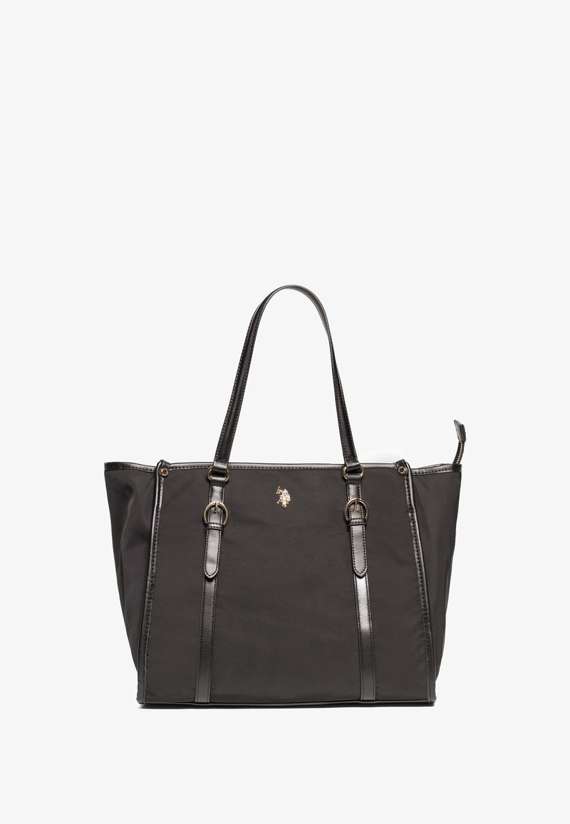 Czarna torba na ramię wykonana z tkaniny z akcentami z syntetycznej skóry, z dwiema rączkami, zamknięciem na zamek błyskawiczny oraz małym detalem logo z przodu.