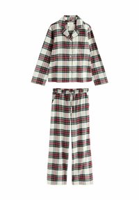 Geruite pyjama set met een knoopsluiting lange mouwen top en broek met touwtjes. Kleuren zijn wit, rood en groen in een klassiek ruitpatroon.
