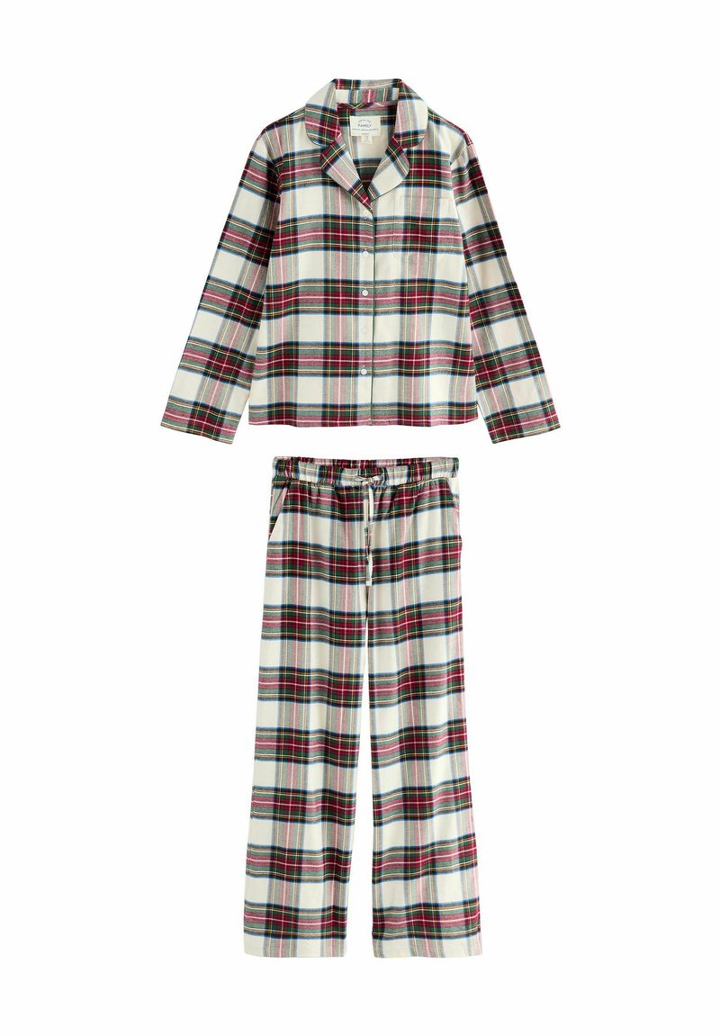 Geruite pyjama set met een knoopsluiting lange mouwen top en broek met touwtjes. Kleuren zijn wit, rood en groen in een klassiek ruitpatroon.
