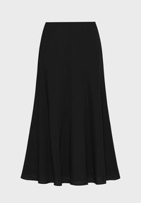Jupe noire en ligne A, fabriquée en tissu lisse, de conception longue jusqu'au sol avec une forme évasée et une fermeture à glissière cachée à l'arrière.