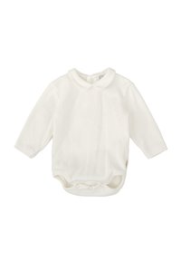 Bodysuit blanco de manga larga hecho de material suave, con cuello tipo polo y cierres a presión en la parte inferior para facilitar el vestirse.