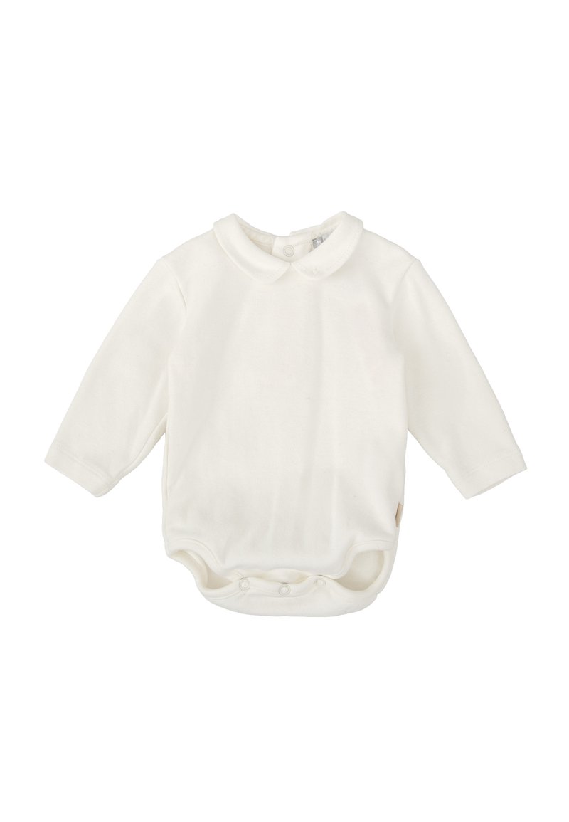 Bodysuit blanco de manga larga hecho de material suave, con cuello tipo polo y cierres a presión en la parte inferior para facilitar el vestirse.