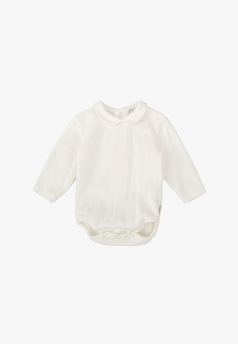 Bodysuit blanco de manga larga hecho de material suave, con cuello tipo polo y cierres a presión en la parte inferior para facilitar el vestirse.