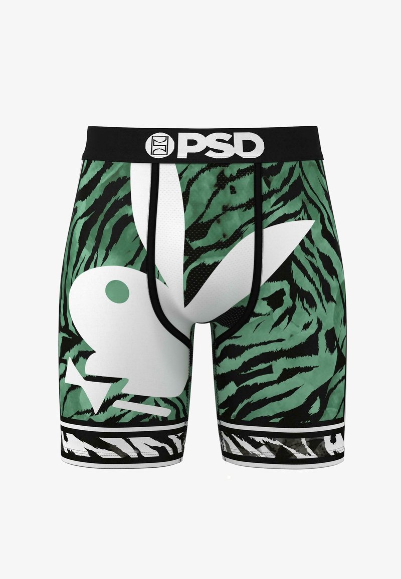 Férfi boxer alsónadrág zöld és fekete tigrismintával, fehér logóval és fekete rugalmas derékpánttal, amelyen a márkaneve szerepel.