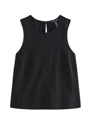 Blusa negra sin mangas con escote redondo y cierre con botón en forma de ojo de cerradura en la parte trasera, de corte simple y entallado.