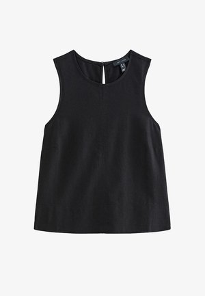 Czarna bezrękawnikowa bluzka z okrągłym dekoltem i guzikiem z tyłu przy kluczce, prosta i dopasowana.