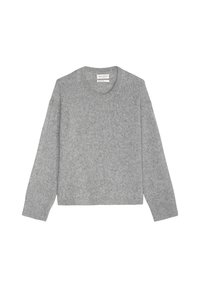 Pull en maille gris à manches longues et col rond. Présente une finition texturée et un ourlet côtelé, fabriqué en tissu doux.