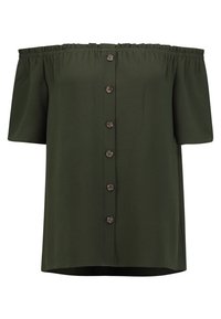 Tummanvihreä off-the-shoulder paita, jossa on lyhyet hihat, nappikiinnitys edessä ja teksturoitu kangas. Rypytys kauluksessa ja helmassa.