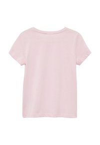 Korte mouwen roze T-shirt van zachte katoen. Heeft een ronde halslijn, een losse pasvorm en een gladde structuur met een eenvoudig ontwerp.