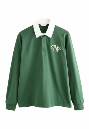 Grön långärmad polo skjorta med vit krage och broderad "NY" logotyp. Tillverkad av bomull med en mjuk yta och en avslappnad passform.