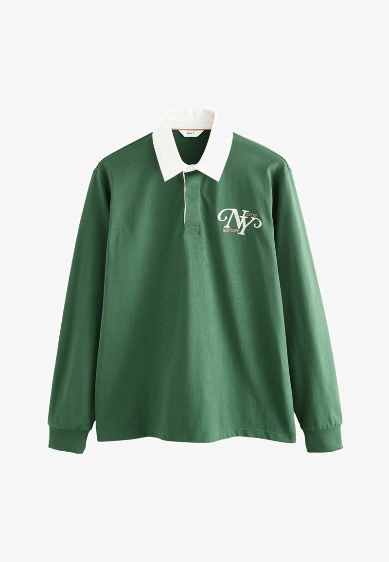 Cămașă polo verde cu mânecă lungă, guler alb și logo brodat "NY". Fabricată din bumbac, cu o textură netedă și o croială lejeră.