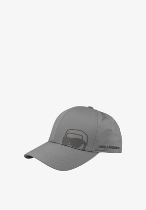 Casquette de baseball grise avec un visage stylisé portant des lunettes de soleil sur le panneau avant et "Karl Lagerfeld" brodé sur le côté.