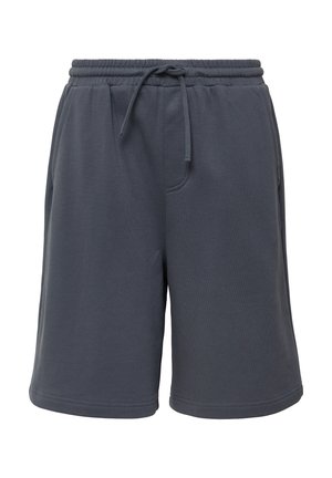 Graue Baumwollmischungshorts mit elastischem Bund, verstellbarem Kordelzug und Seitentaschen. Glatte Textur, knielanger Schnitt.