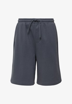 Graue Baumwollmischungshorts mit elastischem Bund, verstellbarem Kordelzug und Seitentaschen. Glatte Textur, knielanger Schnitt.