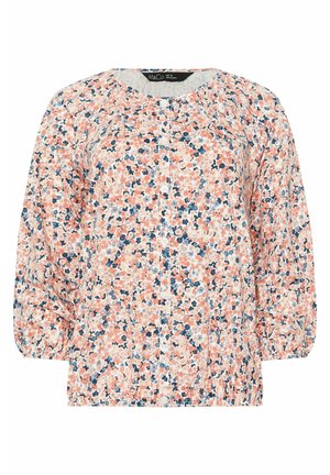 Bloemenblouse met knoopsluiting, bedrukt met kleine bloemen in perzik, marineblauw en wit, ronde halslijn en lange pofmouwen met elastische manchetten.