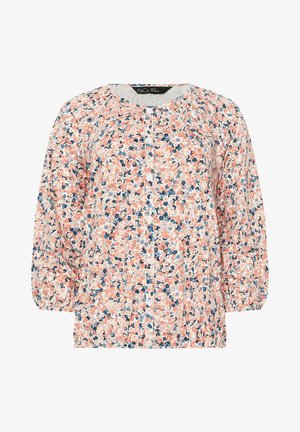 Blusa floreale con bottoni, decorata con piccoli fiori color pesca, blu navy e bianchi, scollo rotondo e maniche lunghe a sbuffo con polsini elastici.