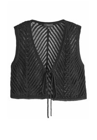 Schwarze Strickweste mit V-Ausschnitt, die ein geometrisches Muster aufweist und eine frontale Bindung für eine anpassbare Passform hat.