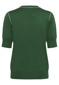 Zelený svetr s krátkým rukávem s jednobarevnou texturou, kulatým výstřihem a kontrastním bílým lemováním podél švů. Jednoduchý a univerzální design.