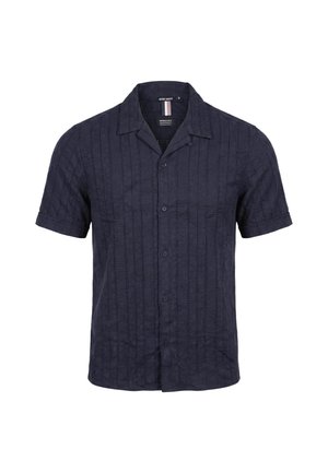 Chemise courte à manches courtes bleu marine foncé avec des rayures verticales texturées et un col de camp.