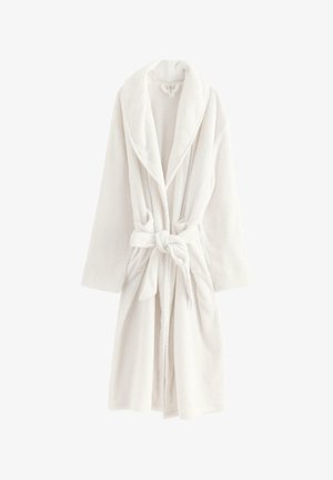 Biała bawełniana szlafrok z kołnierzem szalowym, długimi rękawami, paskiem w talii i długością do kolan. Miękka tekstura i prosta konstrukcja.