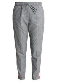 Šedé kostkované kalhoty s elastickým pasem a nastavovací šňůrkou. Mají červené boční akcenty a zúžené nohavice. Prodyšný materiál.