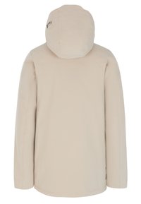 Beige wasserfeste Jacke mit Kapuze, die eine glatte Textur, lange Ärmel und ein minimalistisches Design aufweist. Logo auf der Kapuze angebracht.
