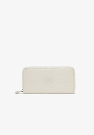 Portfel na zamek błyskawiczny w jasnym kremowym kolorze z wytłoczonym logo, prostokątny kształt i gładka tekstura. Posiada tonowe szwy i srebrne wykończenia.